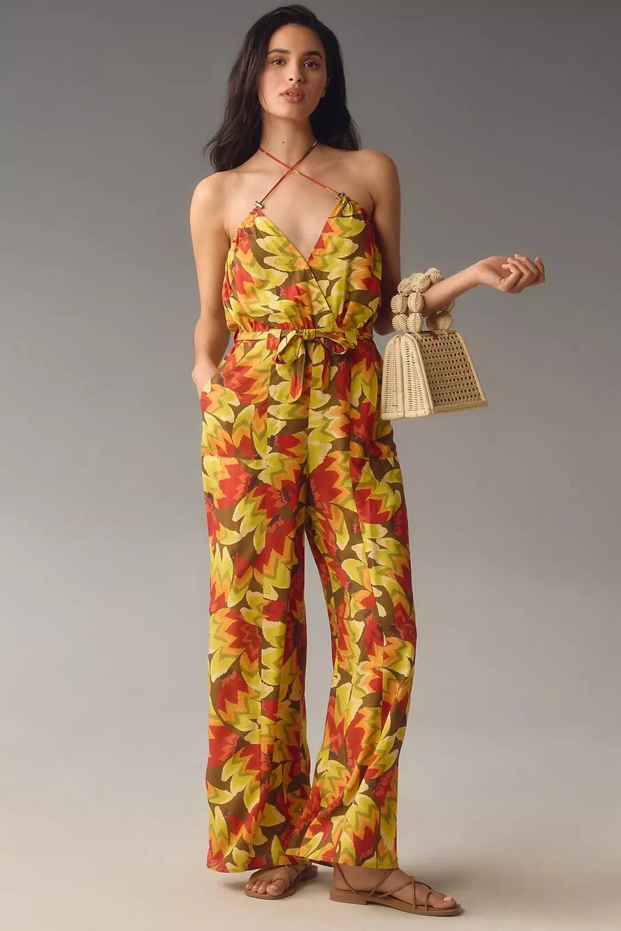 New Farm Rio x Anthropologie Fruit Print Jumpsuit $188 SMALL Yellow Bead Tassels